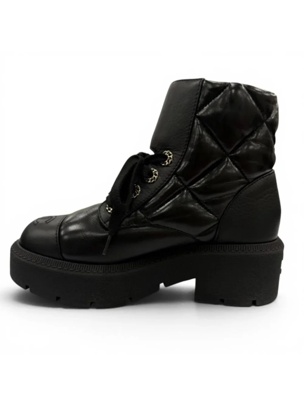 Chanel Quilted Chain CC Logo Turnlock Leather Short Boots Black 34 with